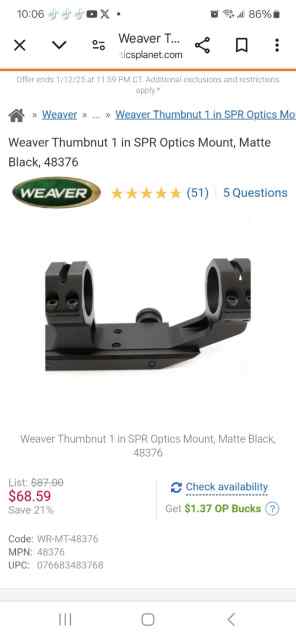 Weaver tactical 1&quot; scope mount. #48376