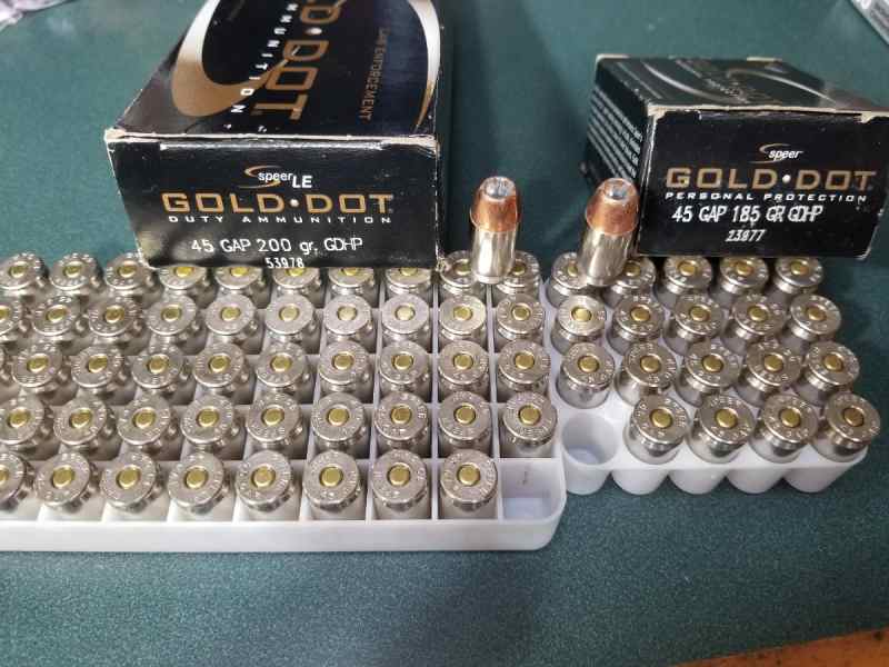 Speer 45 GAP jhp Gold Dot, nickel ammo, 70rd-$45